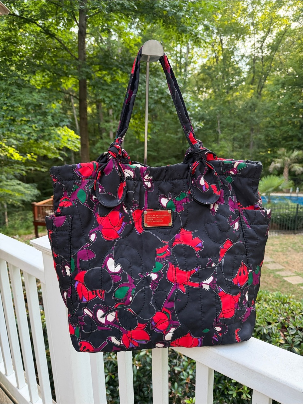Marc by Marc Jacobs Black Quilted Tote with Red and Green Floral Print